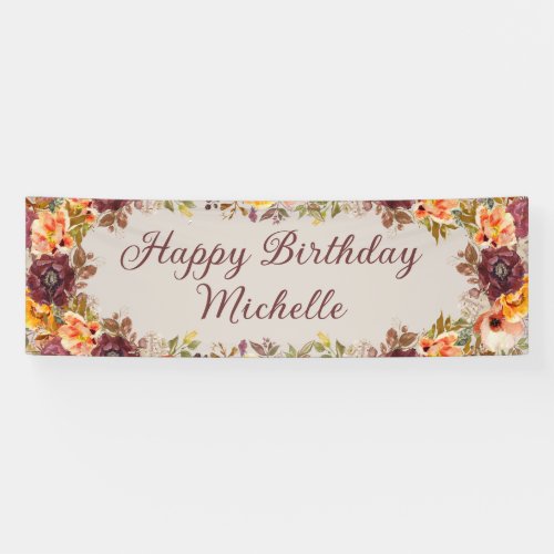 Burgundy Rust Orange Floral Happy Birthday Banner