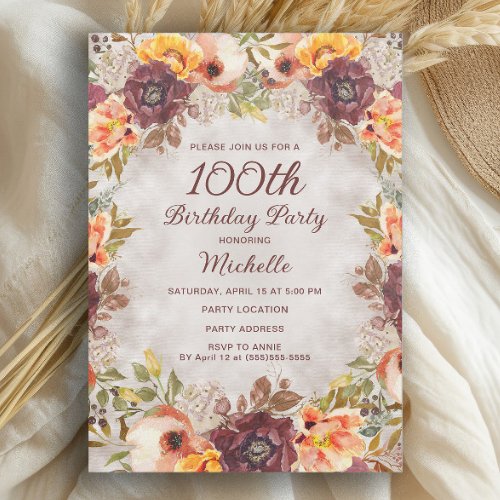 Burgundy Rust Orange Floral Womens 100th Birthday Invitation