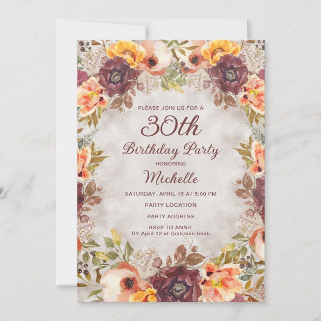 Burgundy Rust Orange Floral Women's 30th Birthday  Invitation (Front)