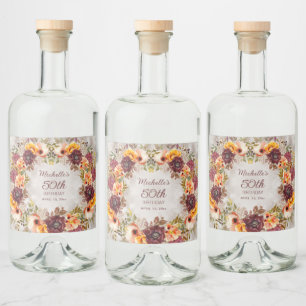 Burgundy Rust Orange Floral Women's 50th Birthday Liquor Bottle Label