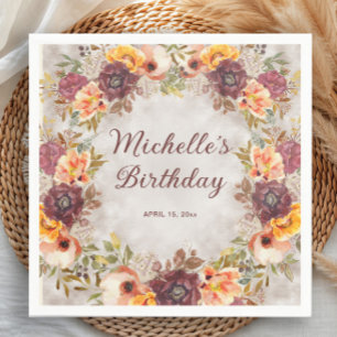 Burgundy Rust Orange Floral Women's Birthday Napkins