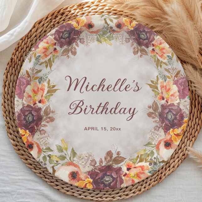 Burgundy Rust Orange Floral Women's Birthday  Paper Plates (Burnt orange, rust, and burgundy watercolor floral birthday party paper plates)