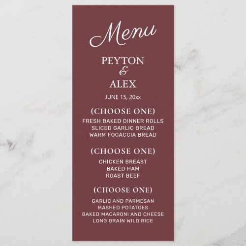 Burgundy Rust Wedding Reception Rehearsal Dinner Menu