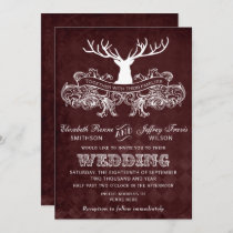 Burgundy Rustic Antler Deer Woodland Wedding Invitation