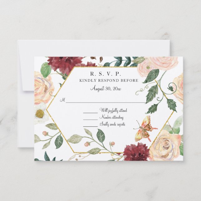 Burgundy Rustic Blush Floral Watercolor Kraft RSVP (Front)
