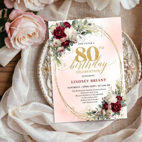 Burgundy Rustic Boho Floral 80th Birthday Invite