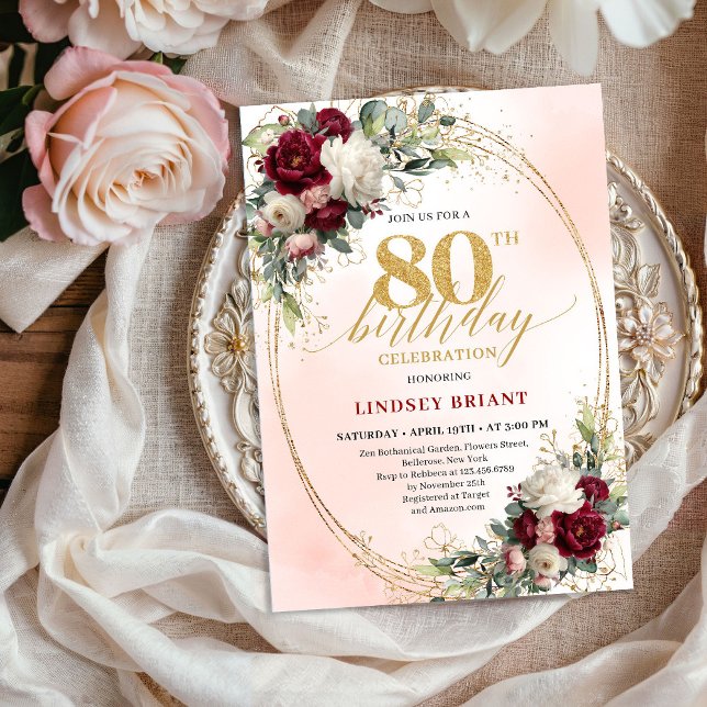 Burgundy Rustic Boho Floral 80th Birthday Invite (Burgundy Rustic Boho Floral 80th Birthday Invitation)