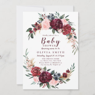 Burgundy rustic boho floral baby shower invitation