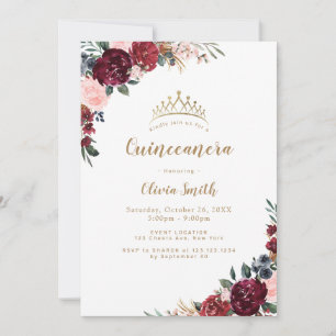 Burgundy rustic boho floral Quinceanera Invitation