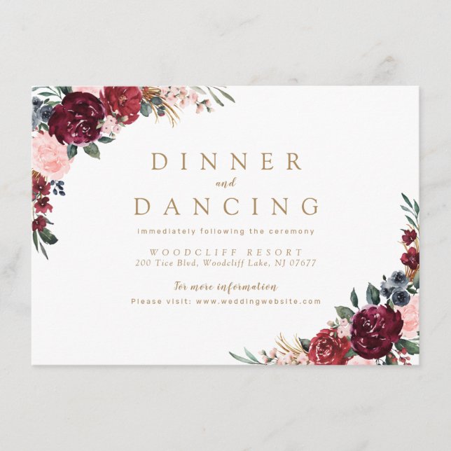 Burgundy rustic boho floral wedding reception enclosure card (Front)
