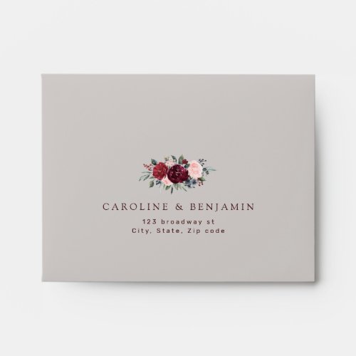 Burgundy rustic boho floral wedding RSVP Envelope