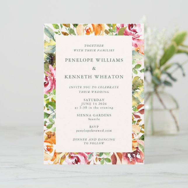 Burgundy Rustic Botanical Watercolor Wedding Invitation (Standing Front)