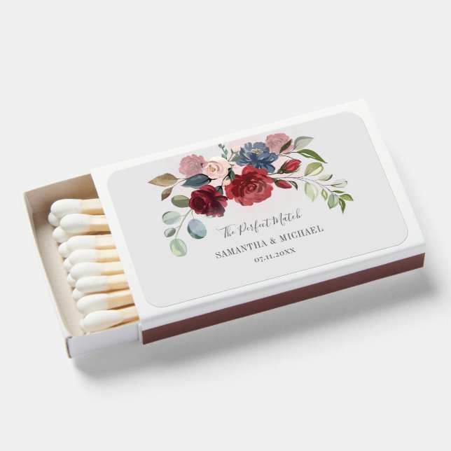 Burgundy Rustic Botanical Wedding Favors Matchboxes (Front Open)