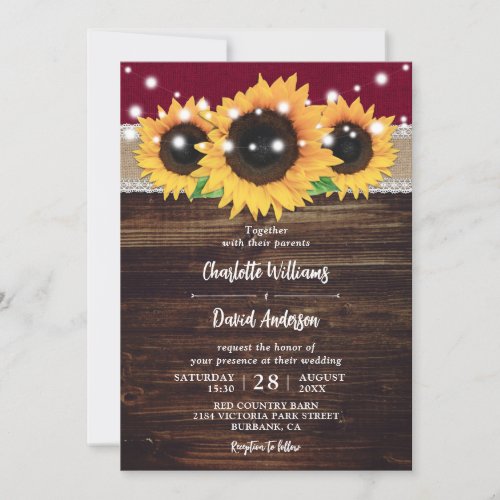 Burgundy Rustic Burlap and Lace Sunflower Wedding Invitation