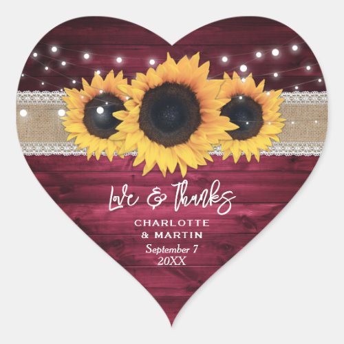 Burgundy Rustic Burlap Lace Sunflower Wedding Heart Sticker
