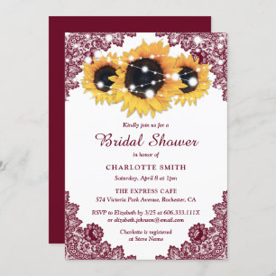 Burgundy Rustic Chic Lace Sunflower Bridal Shower Invitation