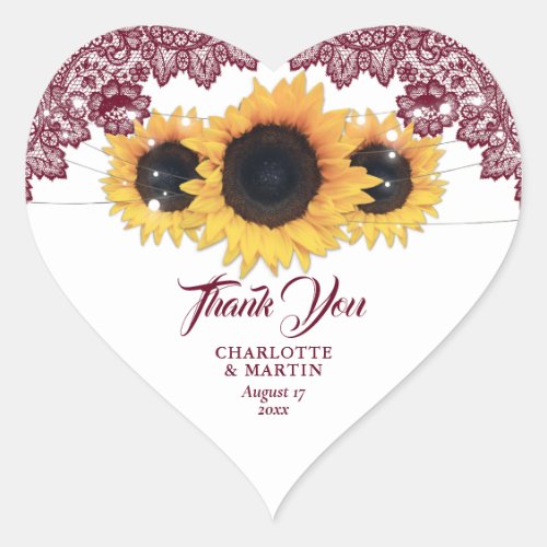 Burgundy Rustic Chic Lace Sunflower Wedding Heart Sticker