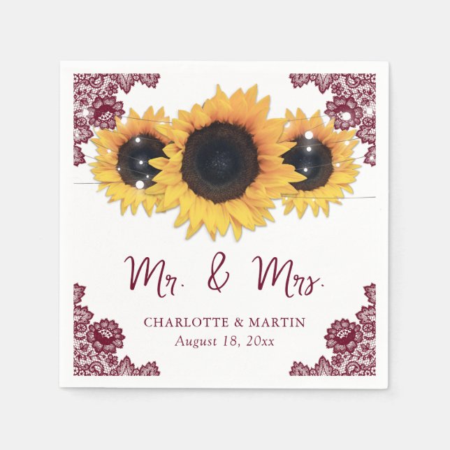 Burgundy Rustic Chic Lace Sunflower Wedding Napkins (Front)