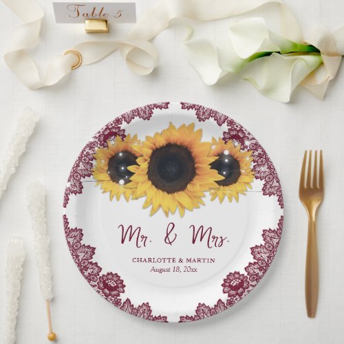 Burgundy Rustic Chic Lace Sunflower Wedding Paper Plates