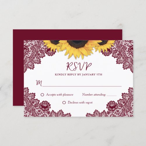 Burgundy Rustic Chic Lace Sunflower Wedding RSVP Card