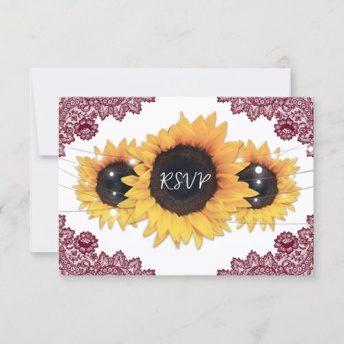 Burgundy Rustic Chic Lace Sunflower Wedding RSVP Card