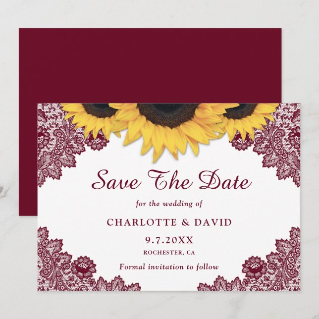 Burgundy Rustic Chic Sunflower Lace Wedding Save The Date (Front/Back)