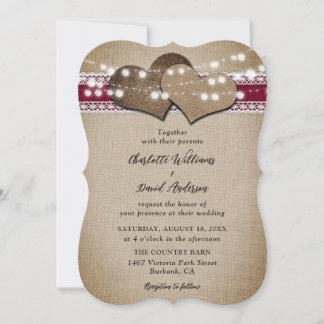 Burgundy Rustic Country Burlap Lace Wedding Invitation