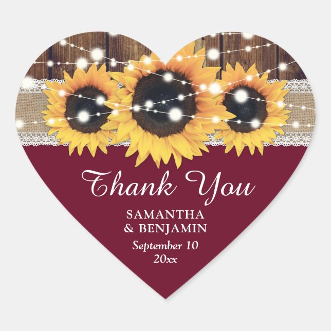 Burgundy Rustic Country Sunflower Wedding Favor Heart Sticker (Front)