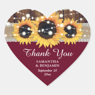 Burgundy Rustic Country Sunflower Wedding Favor Heart Sticker