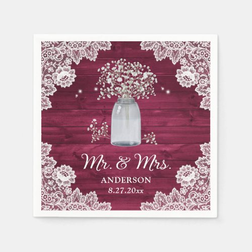 Burgundy Rustic Country Wood Lace Wedding Napkins