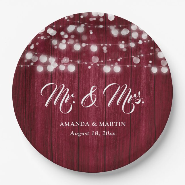 Burgundy Rustic Country Wood String Lights Wedding Paper Plates (Front)