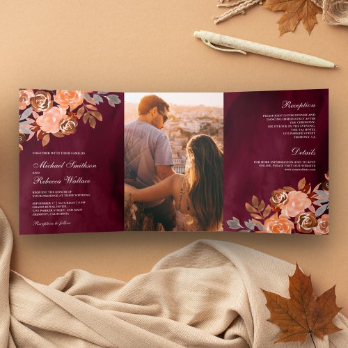 Burgundy Rustic Earthy Terracotta Floral Wedding Tri_Fold Invitation