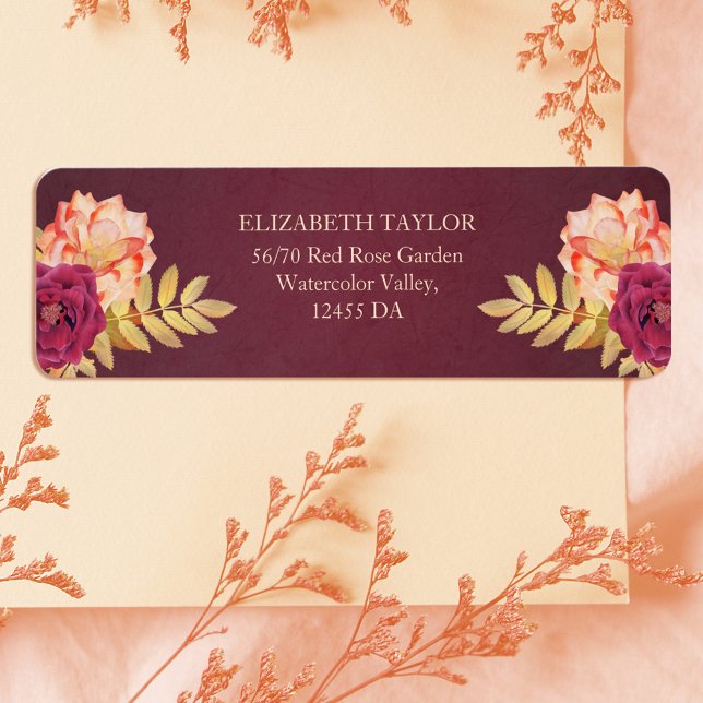 Burgundy Rustic Fall Boho Floral Wedding Address Label (Burgundy Rustic Fall Boho Floral Wedding Address Label)