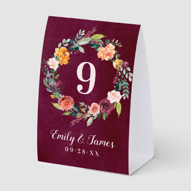 Burgundy Rustic Fall Floral Wedding Monogram Paper Table Tent (Front)