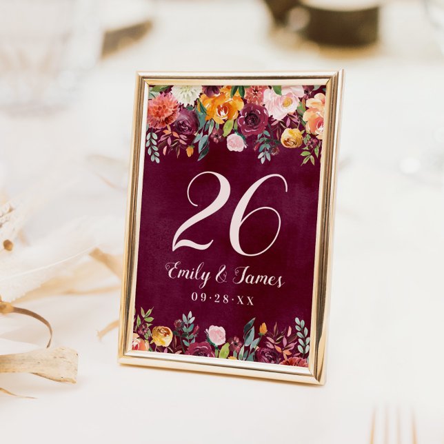 Burgundy Rustic Fall Floral Wedding Monogram Table Number (Creator Uploaded)