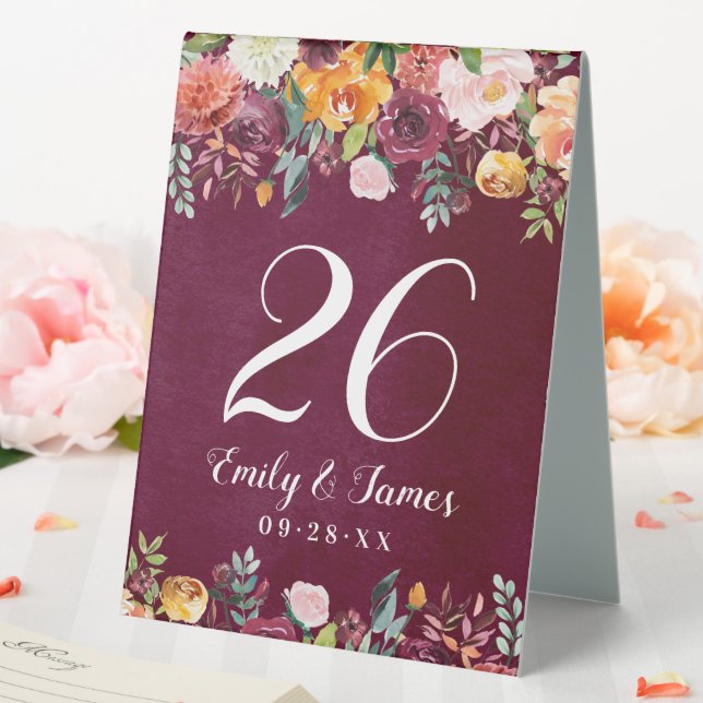 Burgundy Rustic Fall Floral Wedding Monogram Table Tent (In SItu (Wedding))