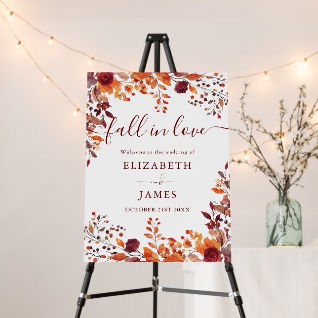 Burgundy Rustic Fall In Love Wedding Welcome Sign (In Situ (Stand))