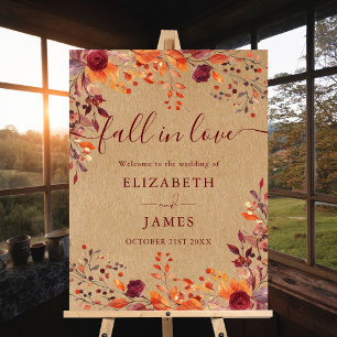 Burgundy Rustic Fall In Love Wedding Welcome Sign