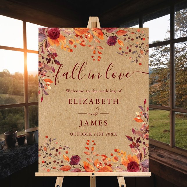 Burgundy Rustic Fall In Love Wedding Welcome Sign (Burgundy Rustic Fall In Love Wedding Welcome Sign)