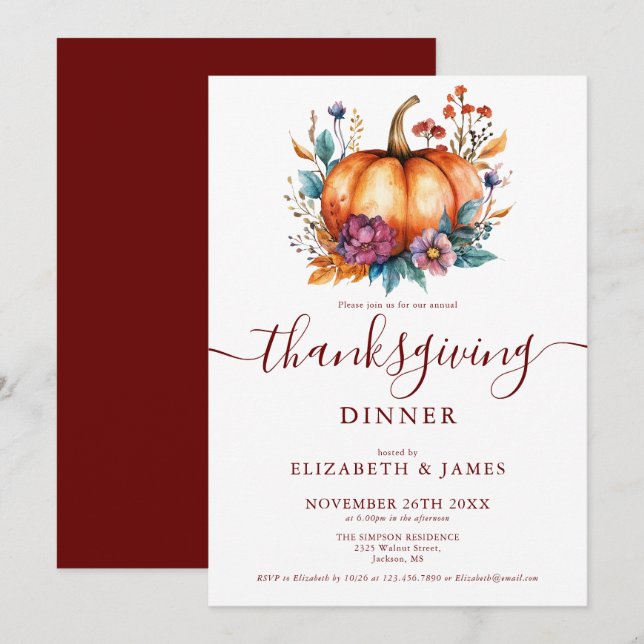 Burgundy Rustic Fall Pumpkin Thanksgiving Party Invitation (Front/Back)