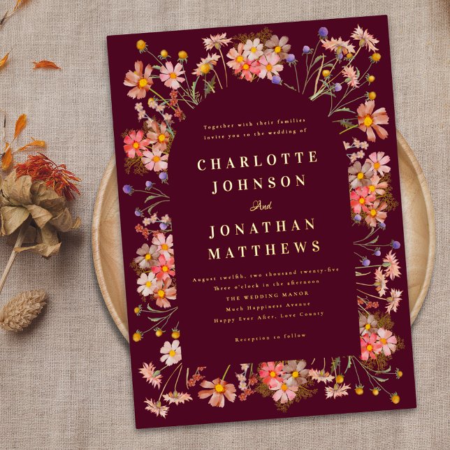 Burgundy Rustic Floral Arch Fall Wedding Gold Foil Invitation (Boho floral arch Elegant burgundy and gold foil fall wedding invitation Watercolor wildflowers )