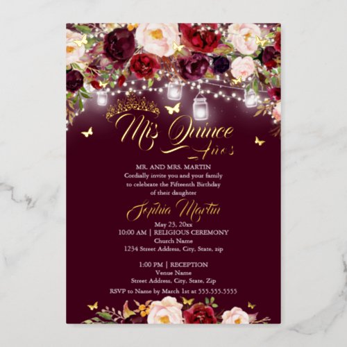 Burgundy Rustic Floral Butterfly Quinceanera Foil Invitation