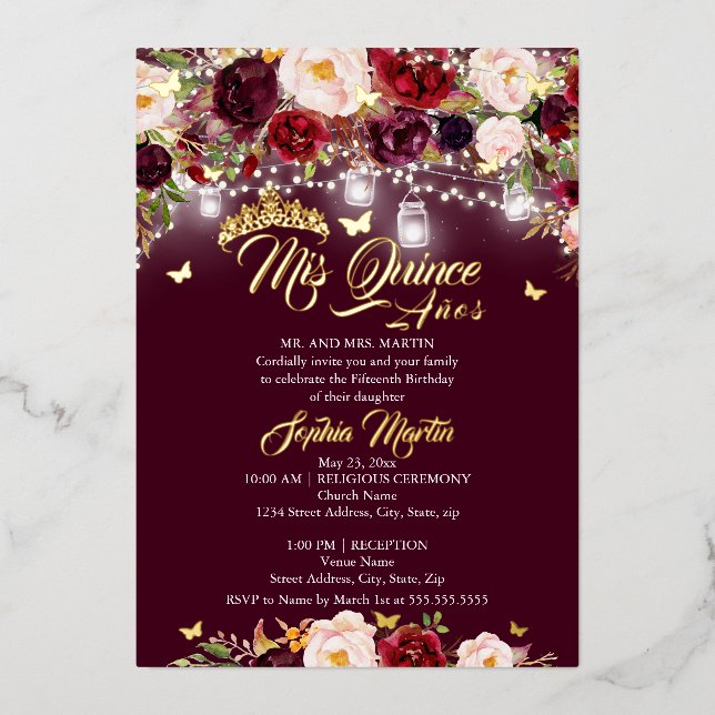 Burgundy Rustic Floral Butterfly Quinceanera Foil Invitation (Front)