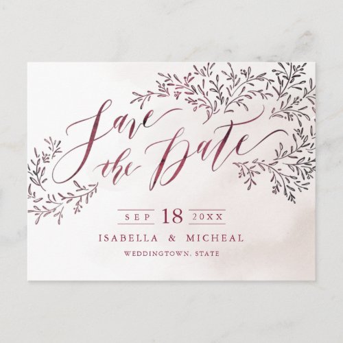 Burgundy rustic floral calligraphy save the date announcement postcard