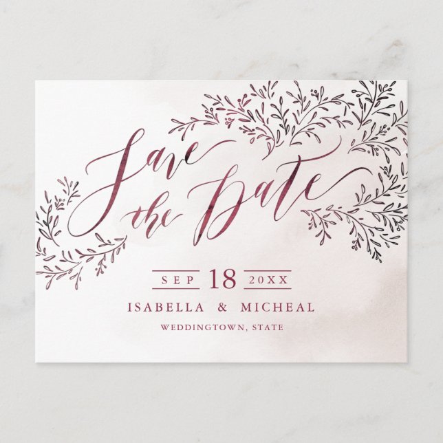 Burgundy rustic floral calligraphy save the date announcement postcard (Front)