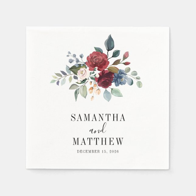 Burgundy Rustic Floral Custom Wedding Cocktail Napkins (Front)