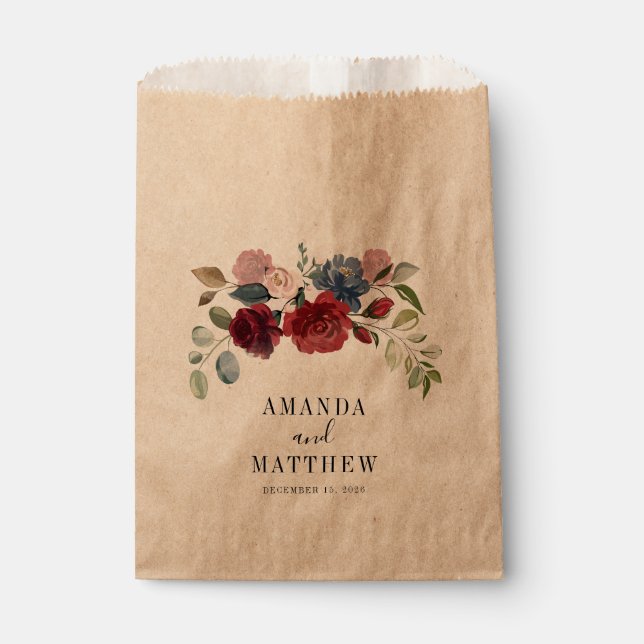 Burgundy Rustic Floral Custom Wedding Favor Bag (Front)