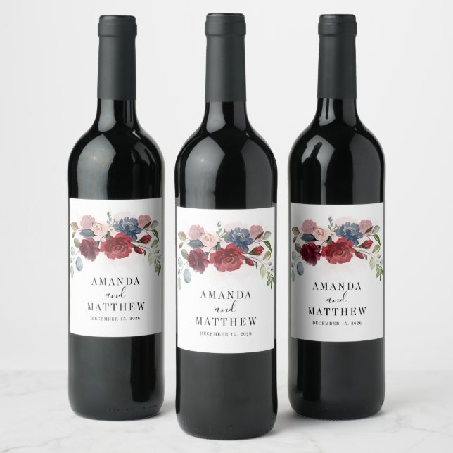 Burgundy Rustic Floral Custom Wedding Wine Label (Bottles)