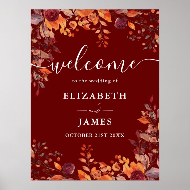 Burgundy Rustic Floral Fall Wedding Welcome Sign (Front)