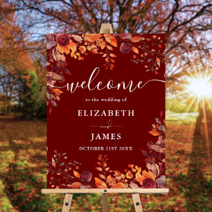 Burgundy Rustic Floral Fall Wedding Welcome Sign